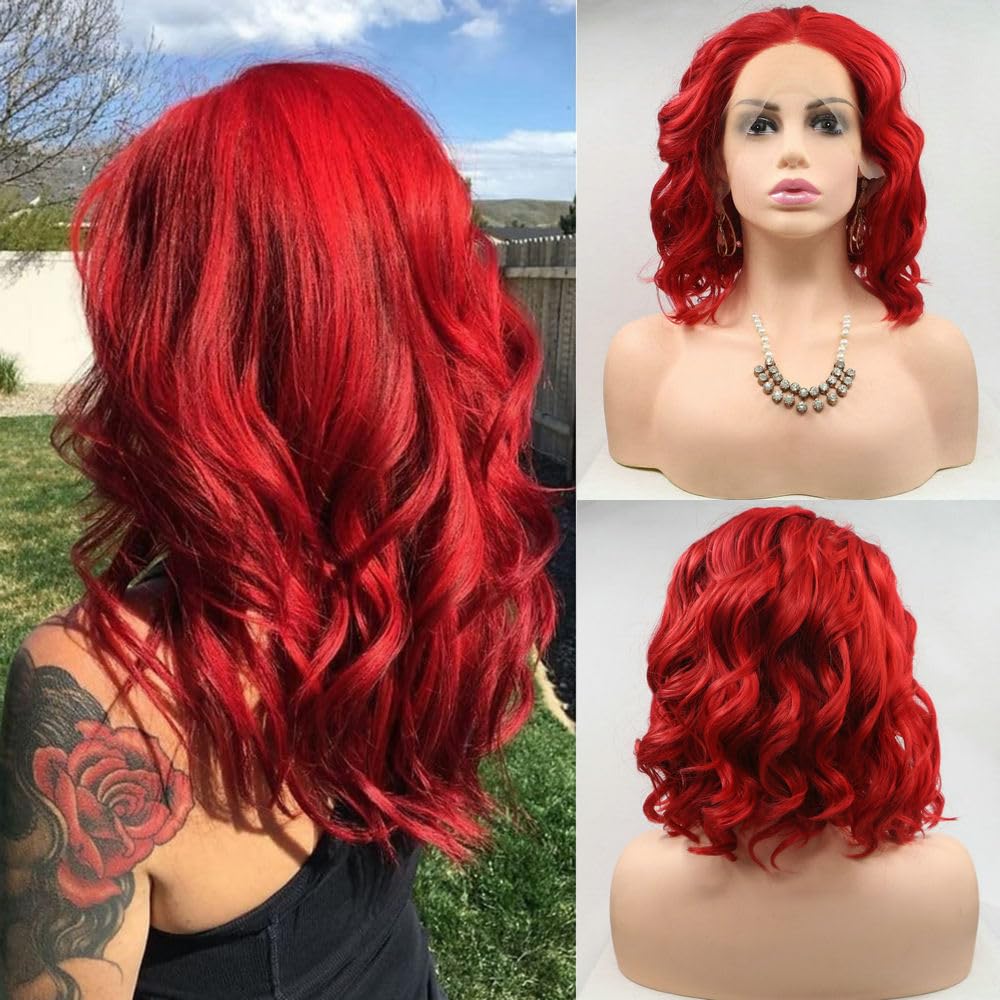 SereneWig Summer Short Hot Red Wigs Bob Wigs for Women Cosplay Daily Use 14Inch Synthetic Lace Front Wigs Red Curly Bobs Synthetic Hair Heat Resistant Fiber Mermaid Red Wigs Shoulder Length