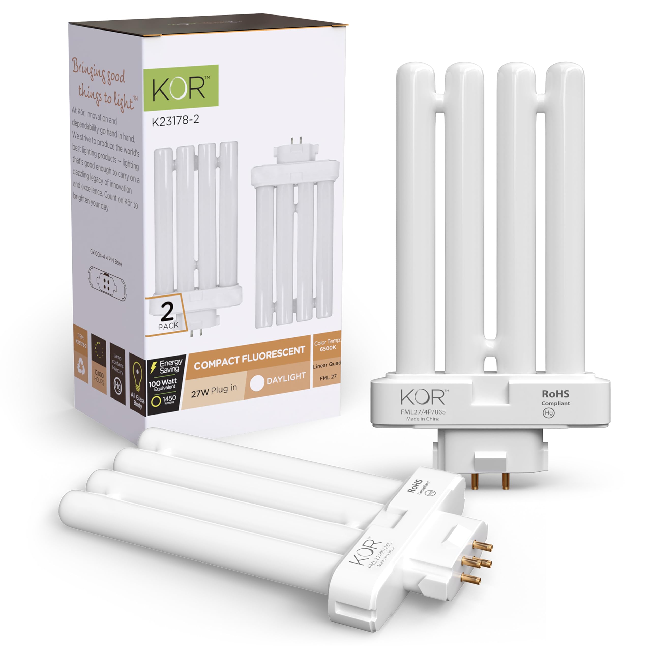Photo 1 of KOR Pack of 2 - FML27-65K Light Bulbs 27 Watt 4 Pin FML Lamp Replacement Bulb 6500K Natural Spectrum Daylight CFL 27W Plugin GX10Q-4 Base