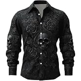 Halloween Shirts for Men Long Sleeve 3D Skull Floral Graphic Shirt | Button Down Shirt, Lightweight Breathable , For Halloween Gatherings and Fall Daily Wear