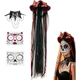 Piawiay Day of the Dead Flower Headband with Long Veil and Ribbon Streamers | Large Flowers, Halloween Cosplay, Costume Headpiece, Party Accessory, Veil Included