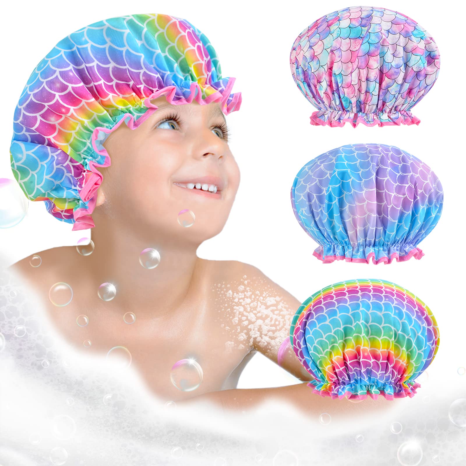 Shower Cap for Kids, 3 Pcs Kids Shower Caps for Girls, Cute Rainbow Hair Cap Wide Elastic Band, Plastic Reusable Waterproof Toddler Shower Cap, Large Bath Cap for Kids Girls Women