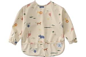 ARI MES Long Sleeves Waterproof Baby Bibs for Eating - Animals, Large- Wearable, Coverall for Toddler, Long Sleeve Bib, Smock Apron for Feeding - Applicable for 6-72 Months