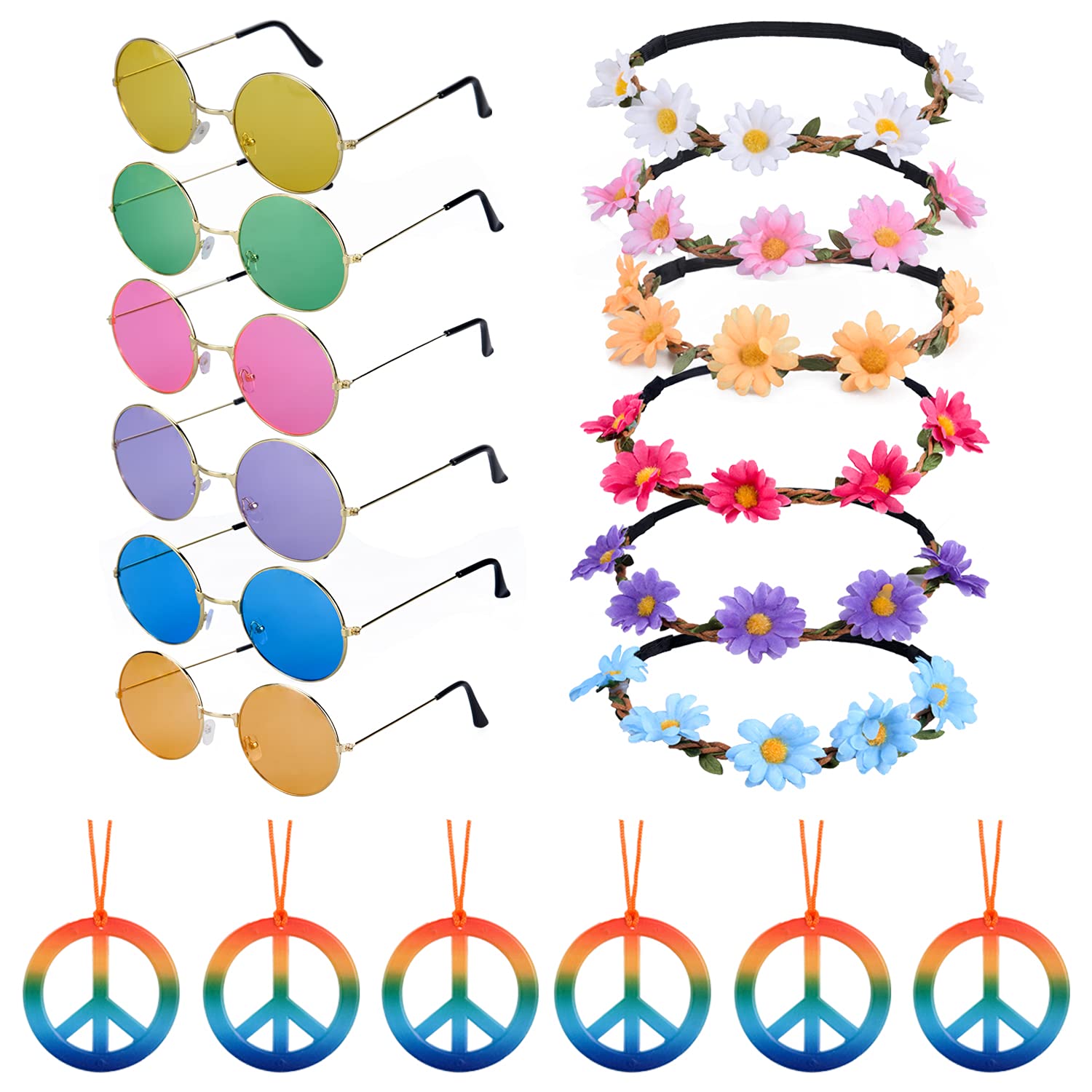 Lezevn 18PCS Hippie Costume Accessory Set: Rainbow Peace Sign Necklaces, Daisy Sunflower Headbands & Sunglasses for 60s 70s Dressing, Adult Female, Multicolor, Boho/Hippie, Flower, Halloween