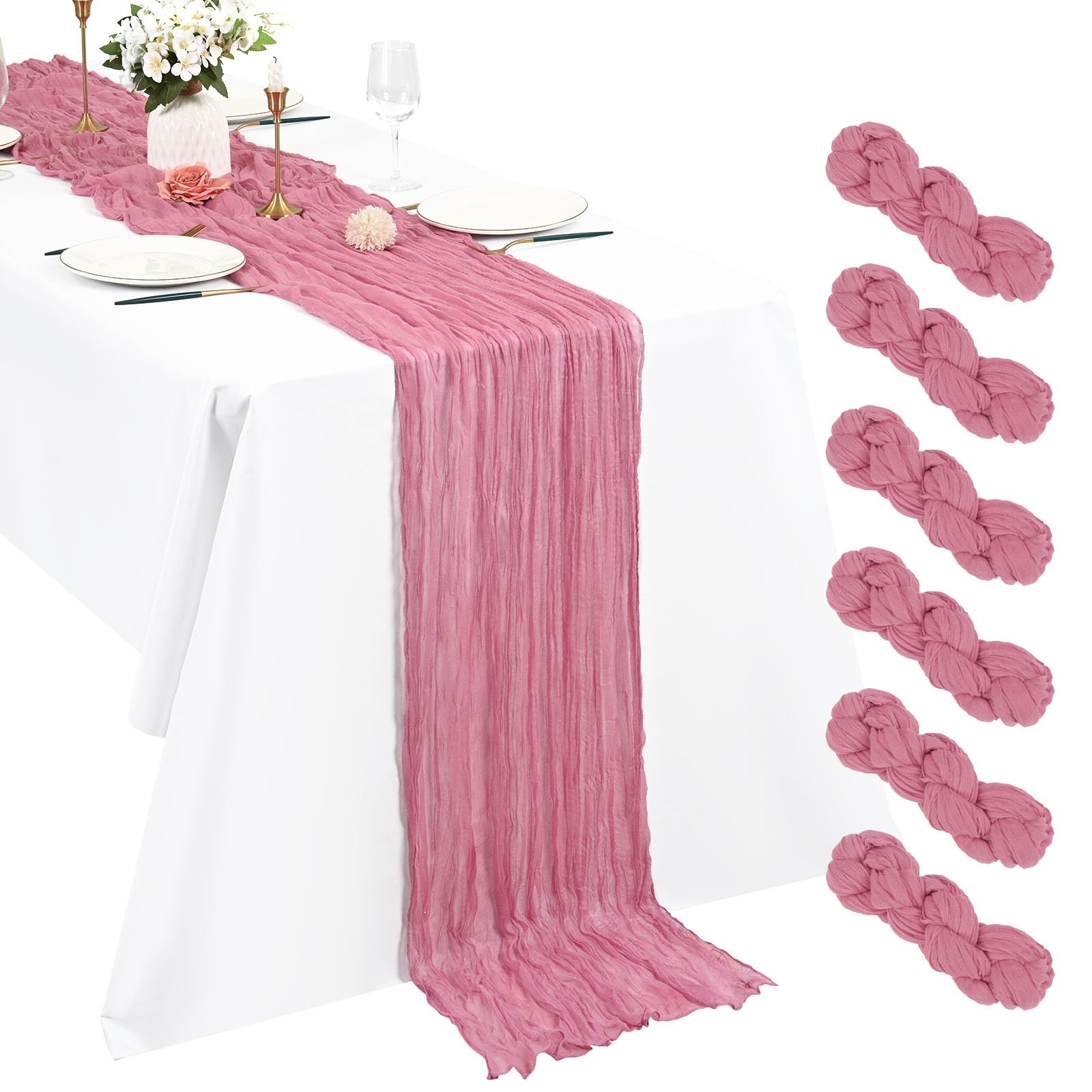 6 Pack Dusty Rose Cheesecloth Table Runner, 10Ft Boho Gauze 21×120 Inch Rustic Romantic Long for Wedding Party Bridal Shower Thanksgiving Christmas Decoration