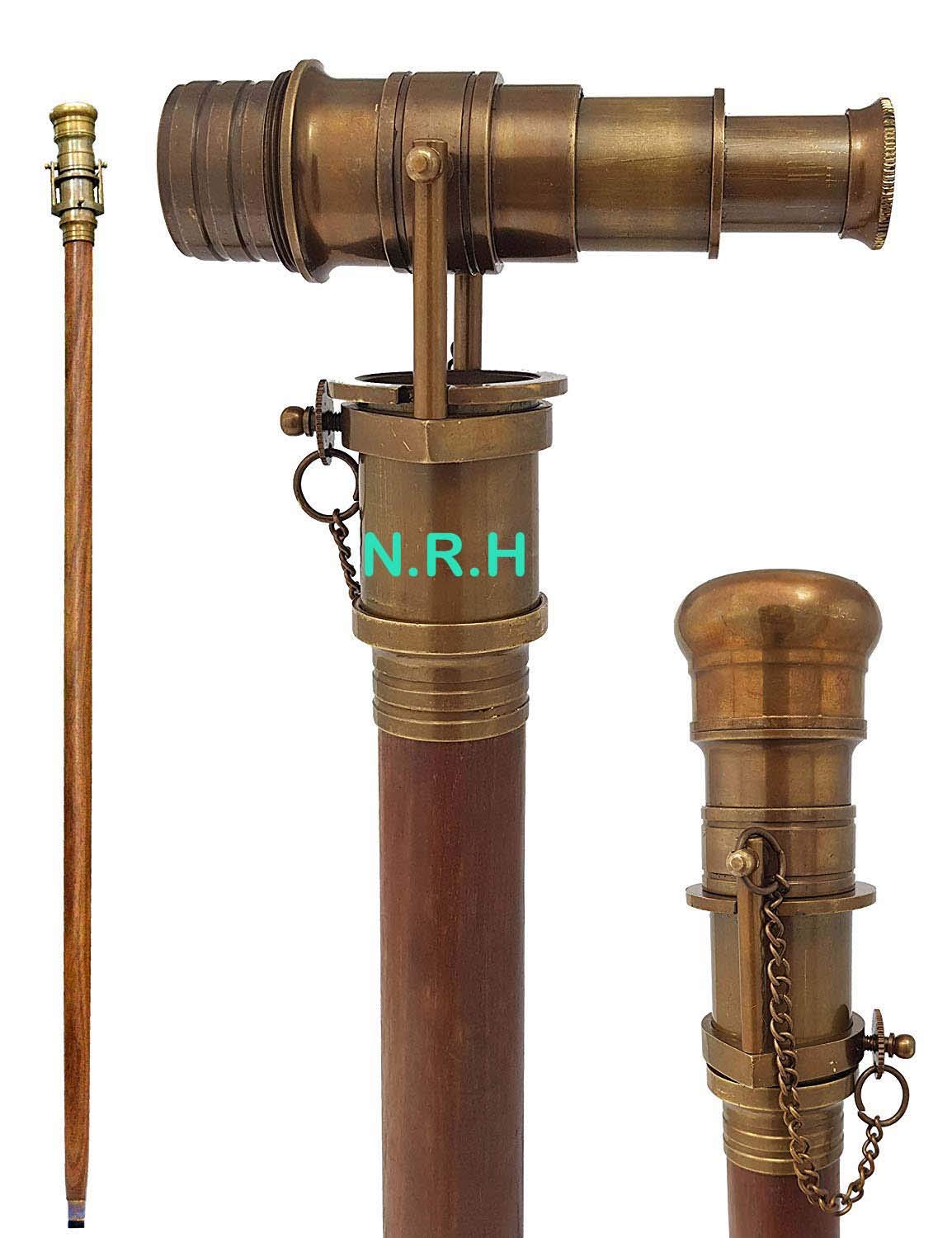 Collectible Wooden Walking Stick Cane 38" long W Brass Handle Telescope Ideal For Collectors, History.