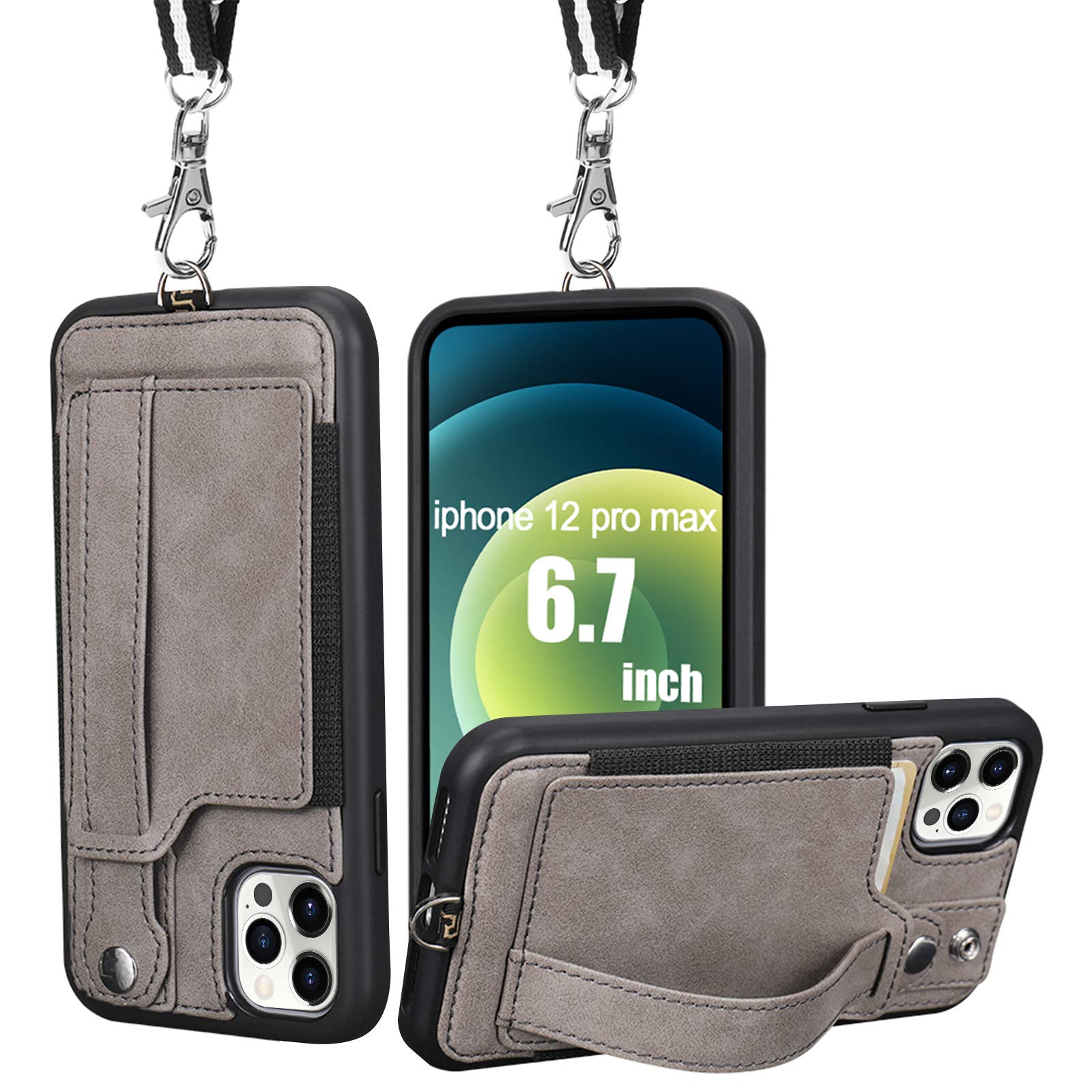 TOOVREN iPhone 12 Pro Max Case,6.7 inch Leather Wallet Case with Card Holder Gray Cover with Neck Lanyard Non Slip Hand Strap Kickstand,Shockproof Bumper Protective Shell for Apple iPhone 12 Pro Max