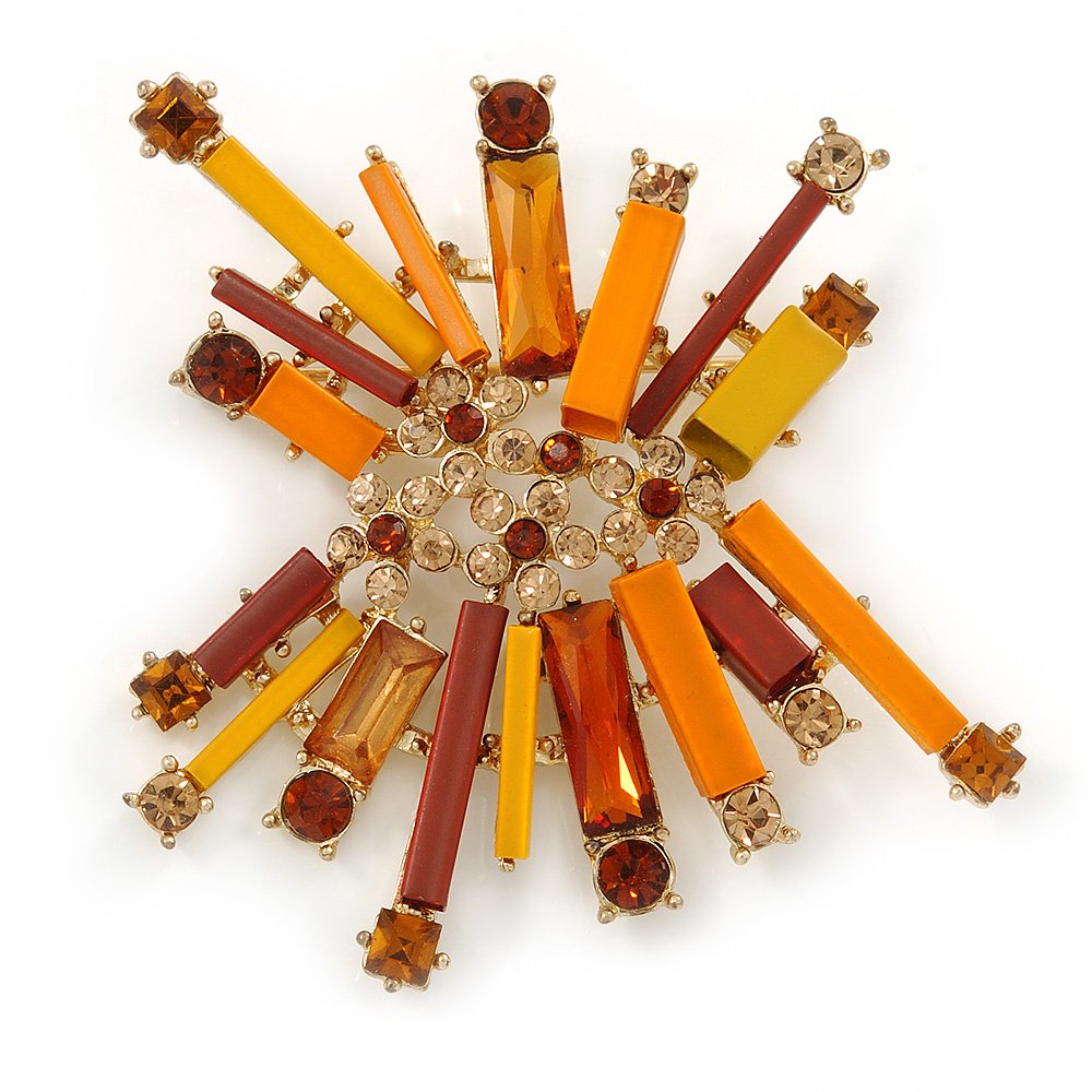 Orange, Brown Metal Bar and Citrine Crystal Cluster Brooch In Gold Tone - 55mm L