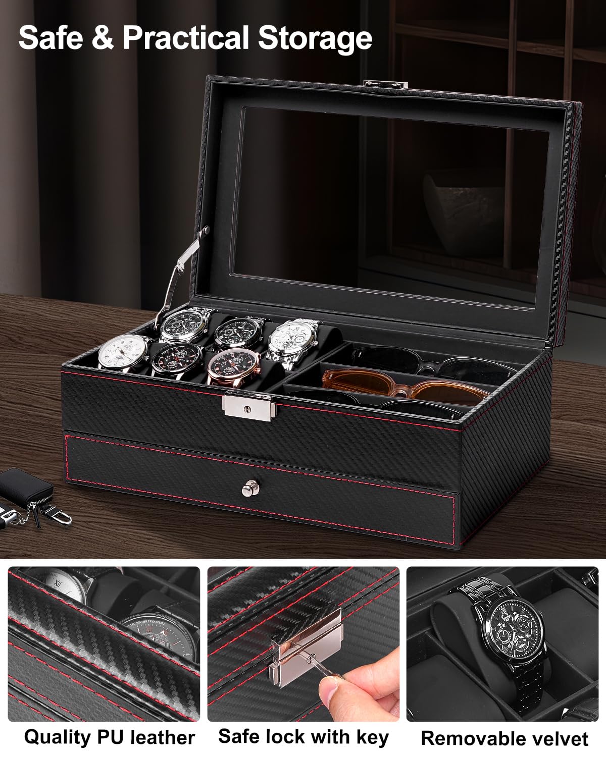 Jenseits Jenseits Watch Box for Mens Jewelry Box, 6 Slot Watch Case & 3 Slot Sunglasses Organizer, Lockable PU Leather Jewelry Organizer Watch Display Storage W/Drawer For Rings Bracelets, Gift for Men Women