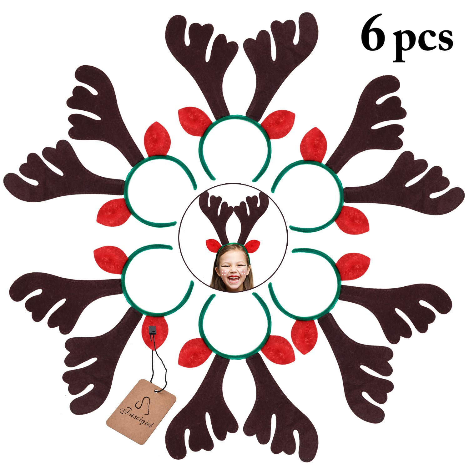 Reindeer Antlers Headband, Fascigrl 6Pcs Christmas Easter Holiday Party Hairhoops Gifts for Adult Girls Kids (Coffee reindeer with green hairband)