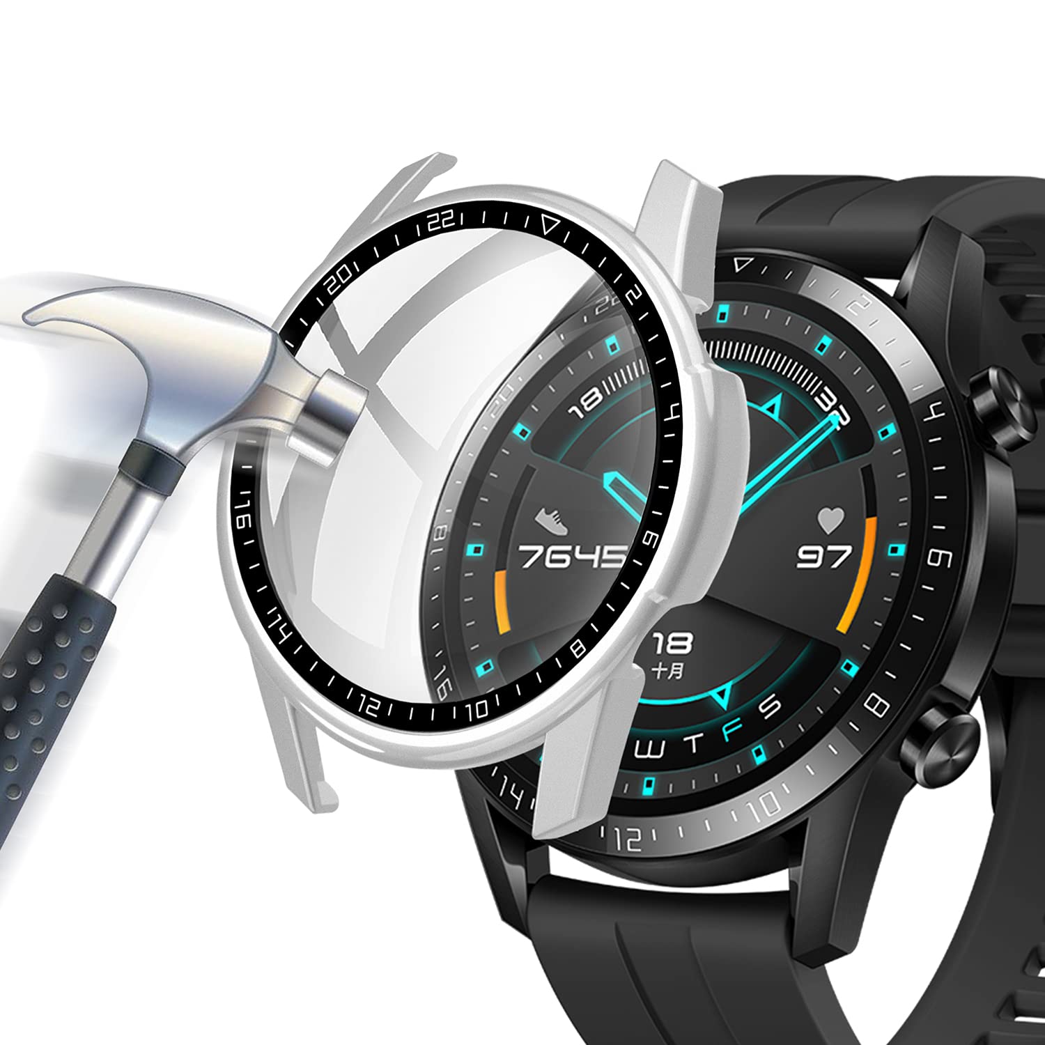 Acadeny Case With Tempered Glass Screen Protector Compatible for Huawei Watch GT2 46mm, 9H Hardness 360 ° All-round Protective Cover Ultra-thin Protective PC Case Cover for With Scale, silver