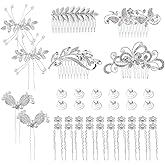 Cinaci 40 Pack Shinning Silver Rhinestone Butterfly Leaf Flower Bridal Hair Side Combs+U-shaped & Twist Hair Pins Clips Barrettes Wedding Headpieces Accessories for Women Girls Brides Bridesmaids