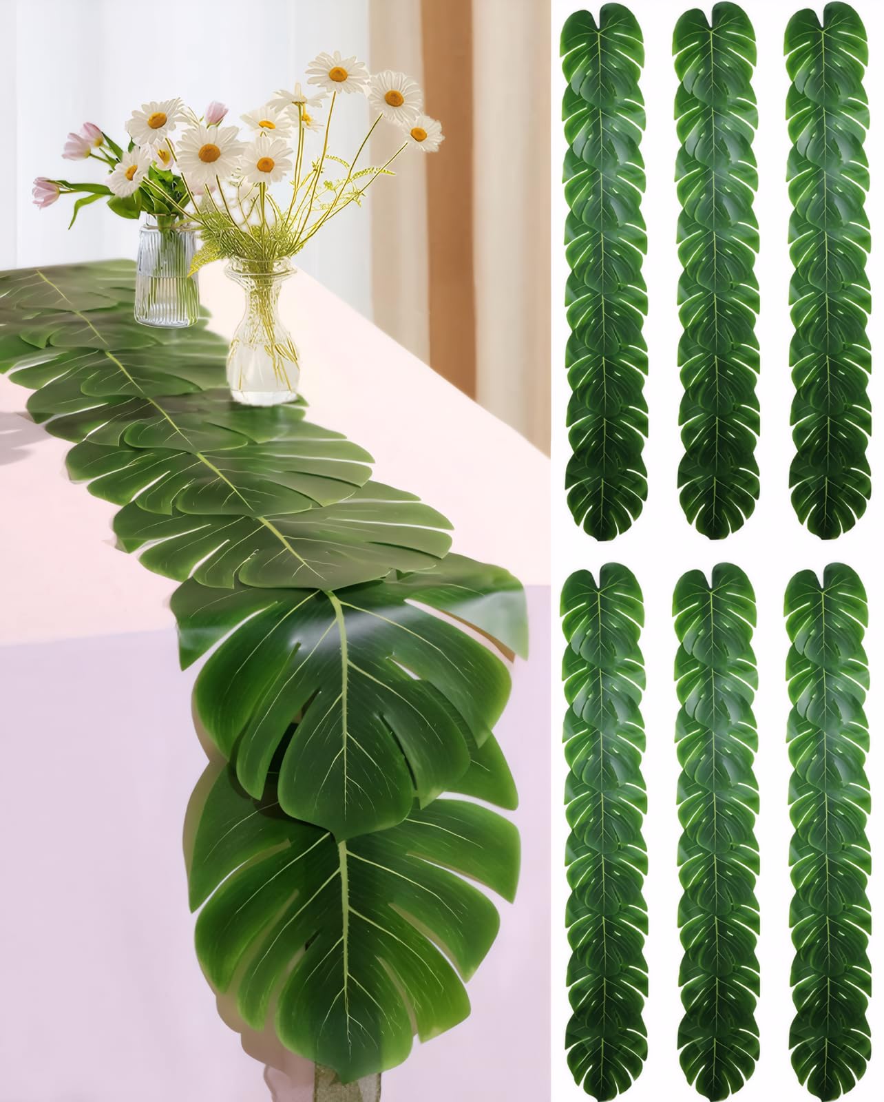 Photo 1 of Artificial Palm Leaves Table Runners 72 Inch, Tropical Palm Leaves Table Runner Faux Leaf Table Cloth for Wedding Hawaiian Luau Theme Party Supply Summer Table Wall Decorations (6)