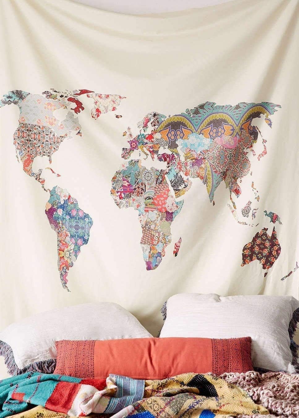 FLBER Floral World Map Wall Tapestry Headboard Wall Art Bedspread Dorm Tapestry Home Decor,60"x 60",Twin