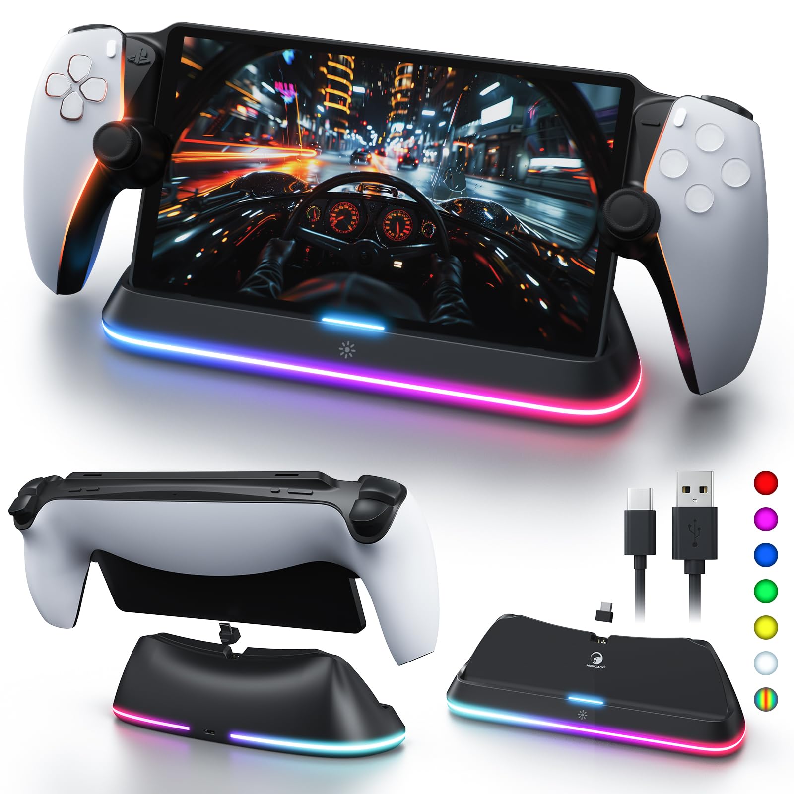 APTGAME Charging Stand for PS Portal Remote Player, PS Portal Charging Dock with 7 RGB Light Modes, PS Portal Holder Base PSP Game with Magnetic Connector and USB-C Charging Cable