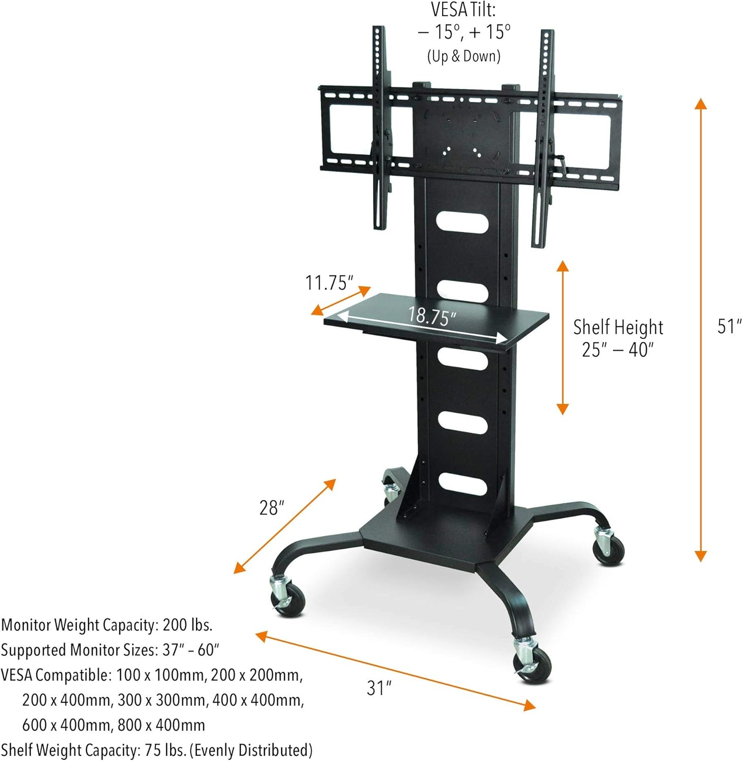 Line Leader Heavy Duty TV Stand | Mobile Television Cart with Locking Wheels & Storage Shelf | Tilting VESA Mount - Supports LCD & LED Flat Screen TVs from 37 Inches to 60 Inches : Electronics