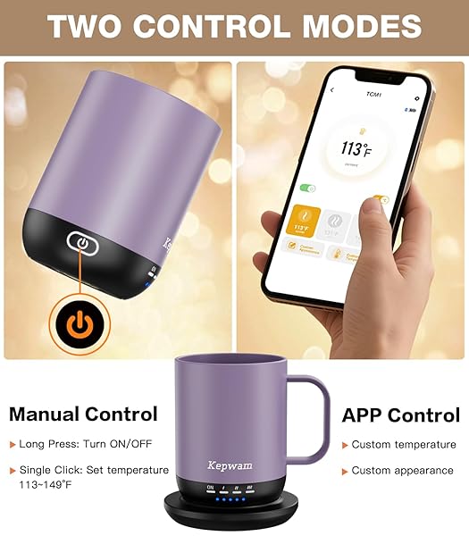 KEPWAM SELF HEATING COFFEE MUG T1-16OZ FAST HEATING & ULTRA LONG-LASTING BATTERY LIFE, HEATED COFFEE MUG UP TO 149℉ – TOUCH & APP CONTROLLED COFFEE MUG, BIRTHDAY GIFTS FOR WOMEN AND MEN