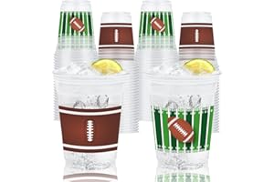 Wobeny 50 Pcs 12 oz Football Plastic Cups, Green Field and Brown Ball Design Disposable Cups for Beverages, Tailgate Parties, Sports Birthdays, and Football-Themed Party Supplies