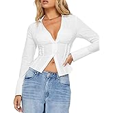 Mxiqqpltky Long Sleeve Button Up Shirt Women Slim Fit Button Down Crop Top Shirts Y2K Going Out Vintage Collared Blouses