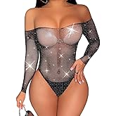 Koinus Rave Outfits for Women,Black Sexy Fishnet Bodysuit for Women,Sparkle Rhinestone Fashion Top,Sexy Mesh Teddy Lingerie