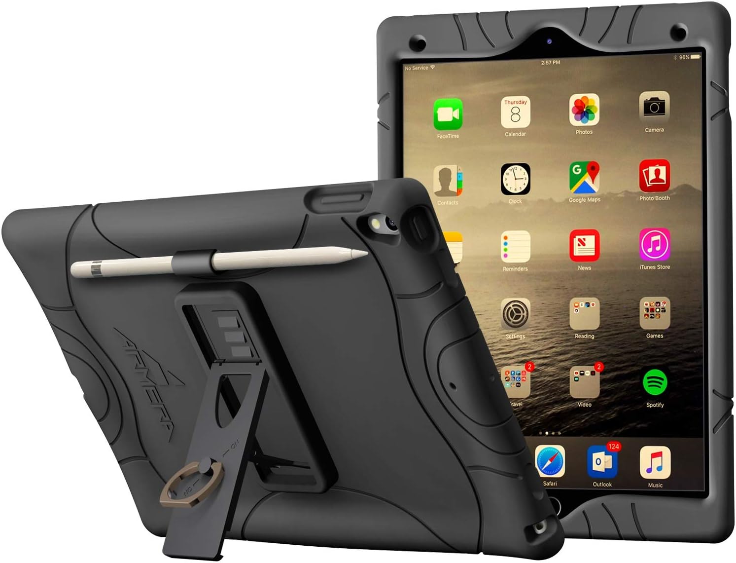 Armera iPad Pro 10.5 Rugged Case Cover with Pencil Holder, Built-in Stand and Finger Ring, Heavy Duty Kids Safe Protection Silicone for Apple iPad Pro 10.5 (2017) (Black)