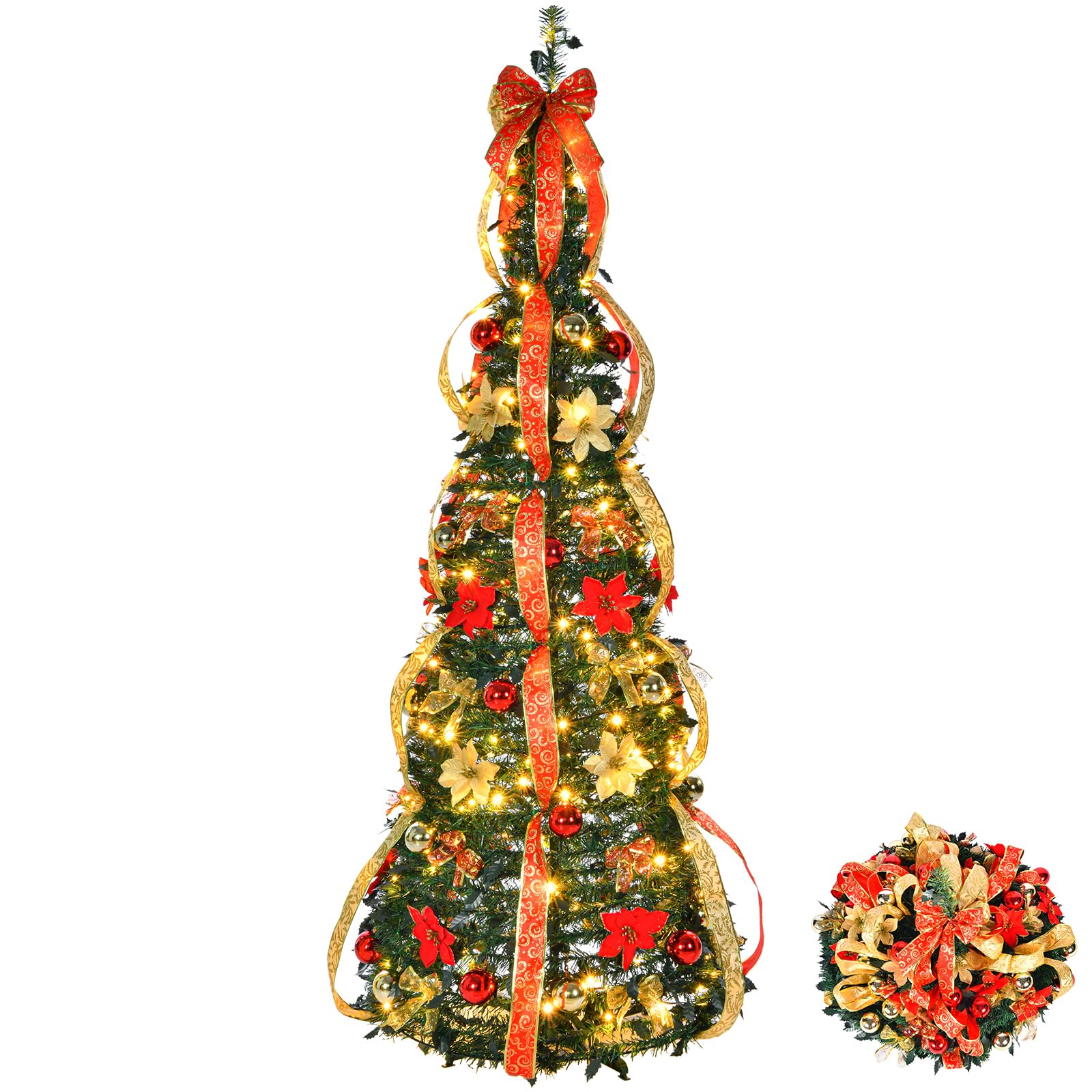 Photo 1 of 6 ft Christmas Tree, Foldable Artificial Pre Decorated Collapsible Christmas Tree with 200 Warm White Lights, Christmas Decorations for Home, Office, Party Decor