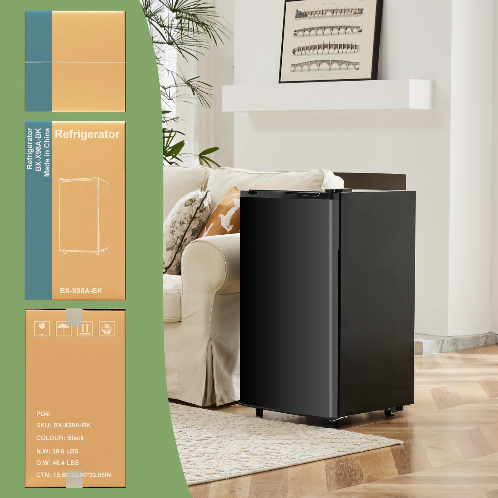 Upgraded Mini Fridge for Bedroom 3.2 Cu.Ft Small Refrigerator with Freezer for Dorm Office, Compact Single Door Adjustable Thermostat Low Noise, 17.5
