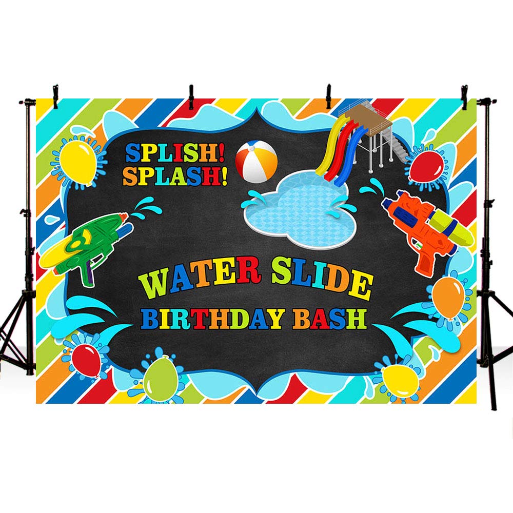 Photo 1 of MEHOFOND Boy Water Slide Birthday Bash Backdrop Splish Splash Chalkboard Party Summer Swimming Pool Balls Water Gun Background Photography Photo Booth Banner for Cake Table Supplies 7x5ft