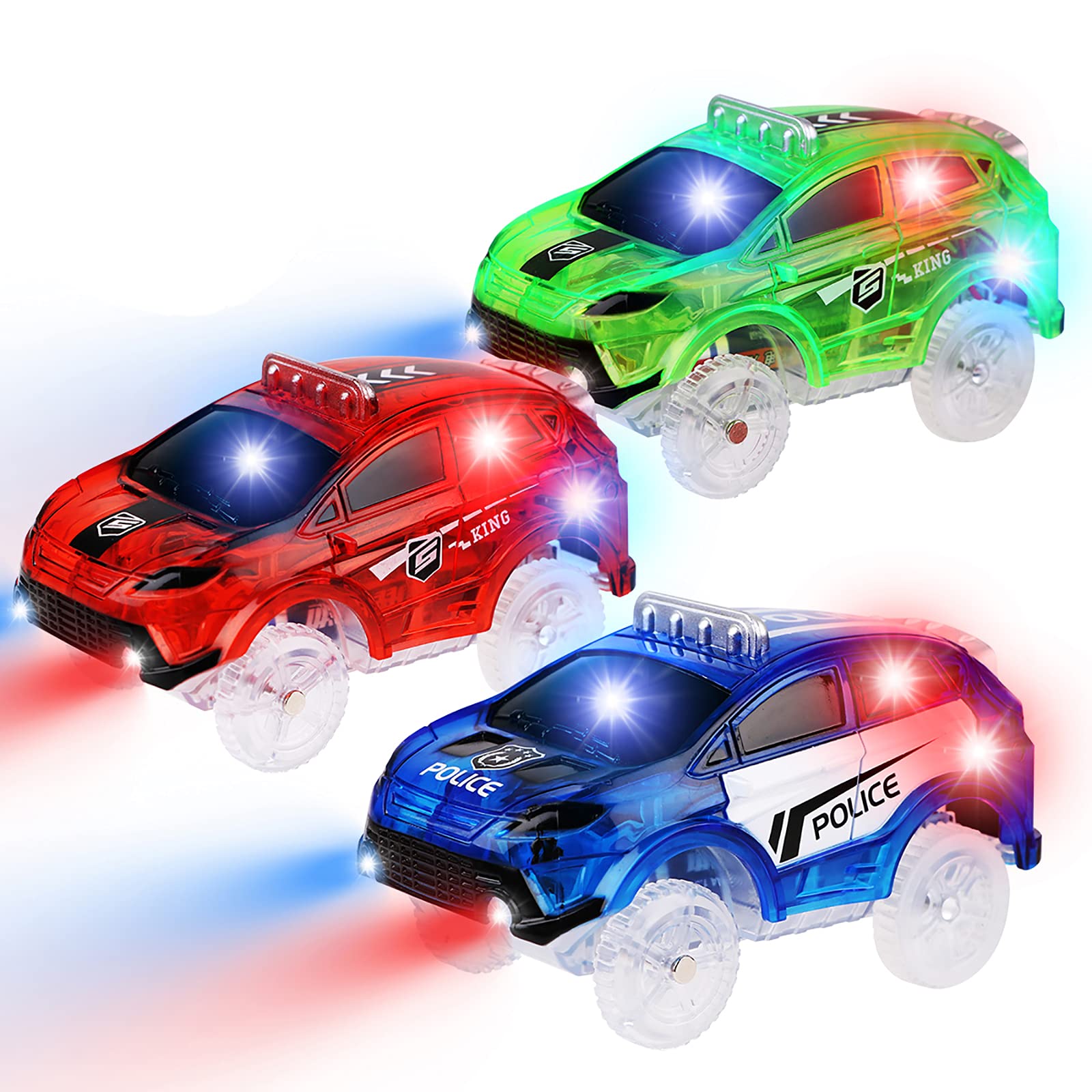 PROACC New Track Cars 3 Pack (Red SUV Car, Blue SUV Car, Green SUV Car) with 5 LED Flashing Lights Magic Toys Accessories Compatible with Most Tracks for Ages 3 4 5 6 7 Kids