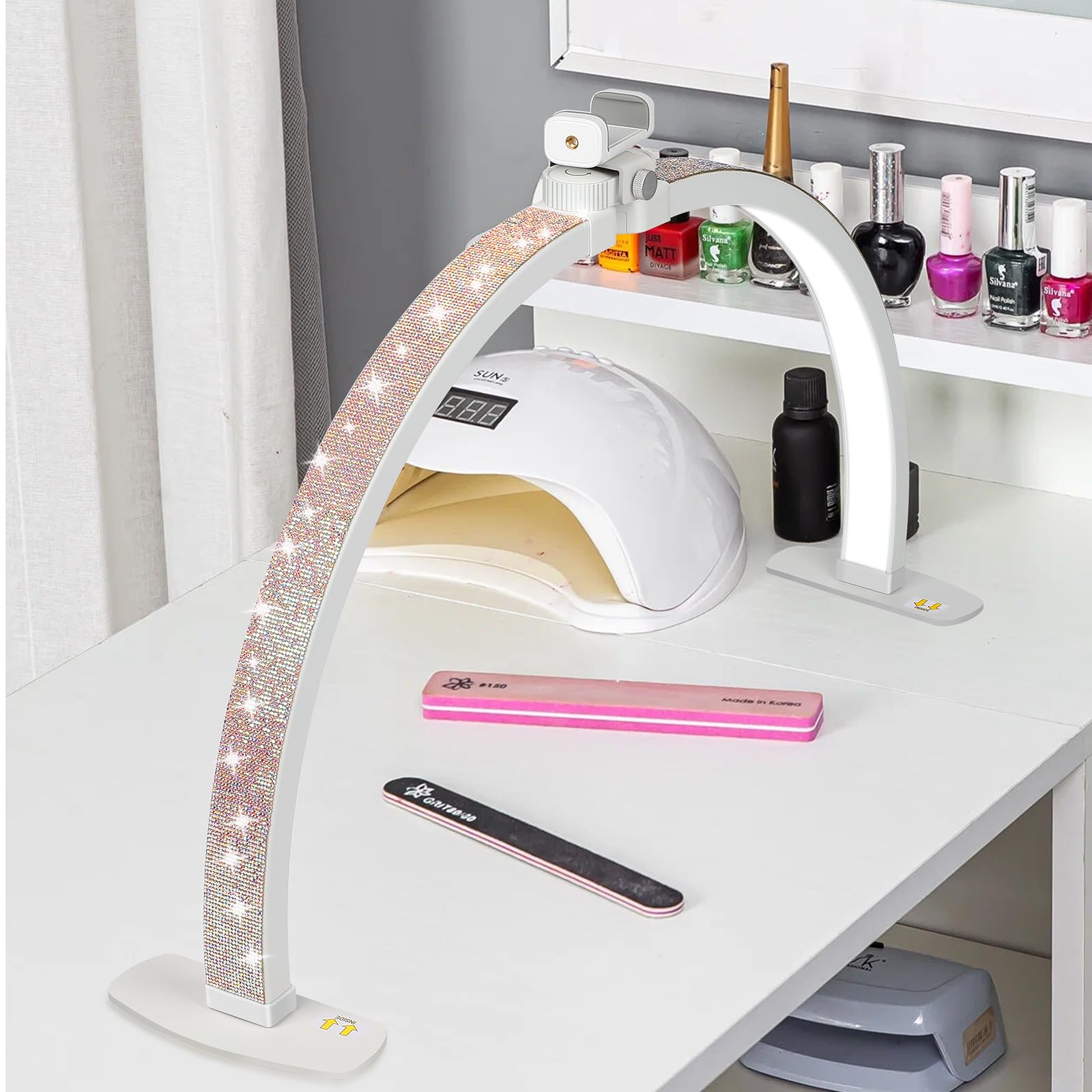 Photo 1 of Half Moon Light for Nail Desk with Phone Holder, 28IN Folding Half-Moon Light with Shinning Diamond, LED Lamp for Nail Art, Eyelash Extension, Tattooing, Skin Management, Color Temperature 3000-6500K