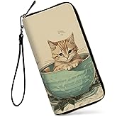 GFRGTFHYT Womens Wallet, Large Capacity RFID Blocking PU Leather Wristlet Wallets for Women Ladies Men Credit Card Holder Zipper Wallet Phone Holder Clutch Travel Purse, Cute Little Cat