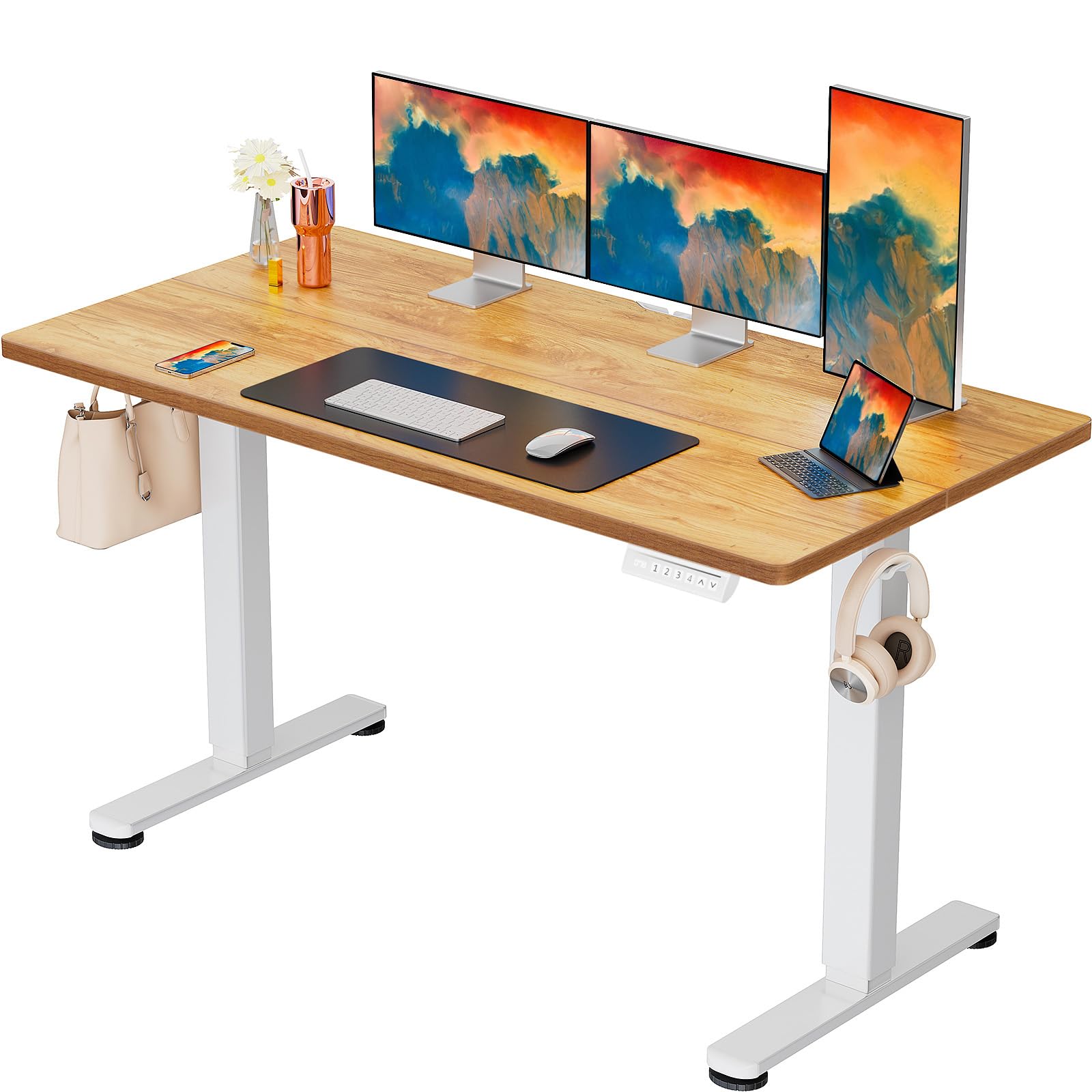 ErGear Height Adjustable Electric Standing Desk, 63 x 28 Inches Sit Stand up Desk, Large Memory Computer Home Office Desk with Two-Piece Desktop (Light Vintage Brown) Image