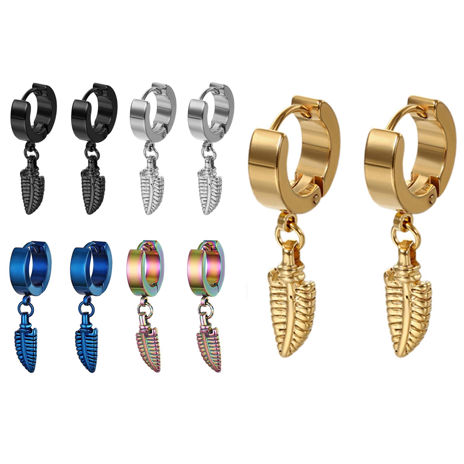 5 Pairs Mens Hoop Huggie Hinged Feather Dangle Earrings,Cupimatch Stainless Steel Leaf Drop Earrings