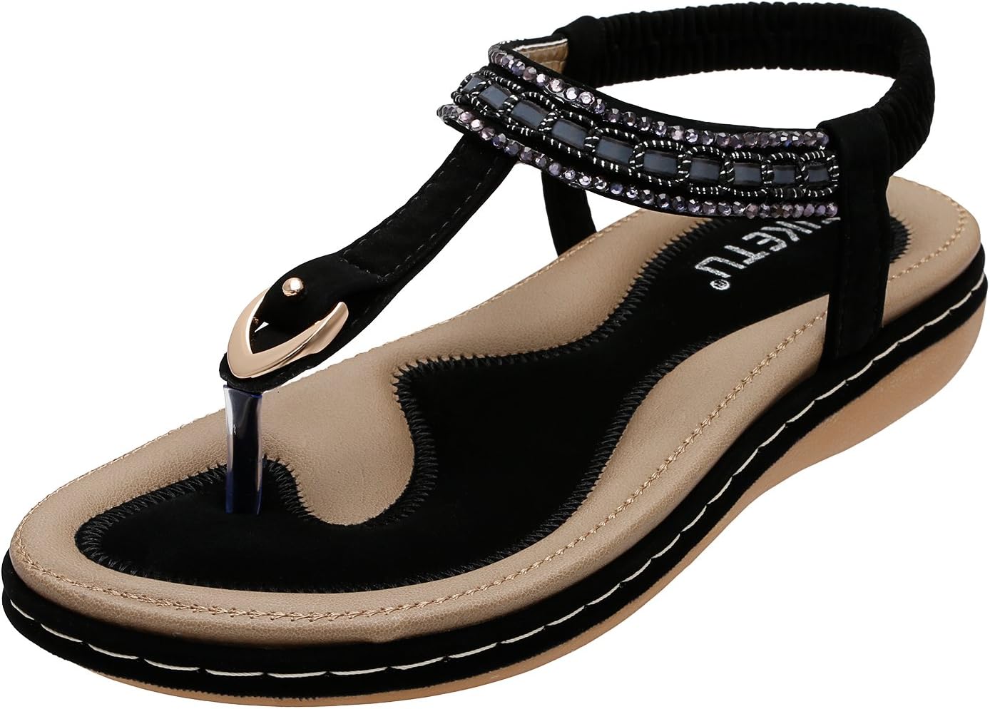 Women's Flat Sandals Rhinestone T-Strap Bohemian Elastic Sparkle Beach Shoes