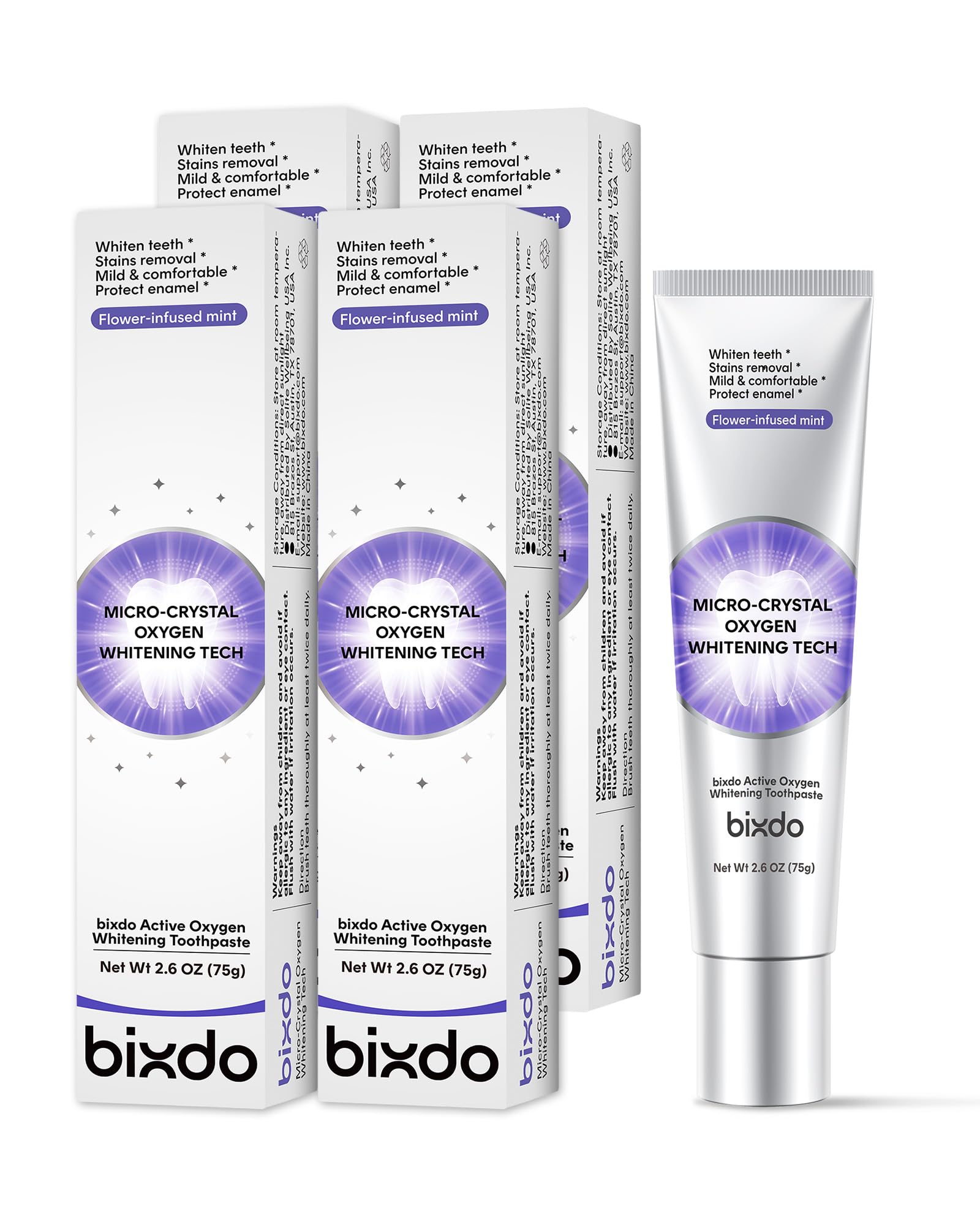 Photo 1 of bixdo Pap Teeth Whitening Toothpaste, Hydroxyapatite Enamel Repair for Sensitive Teeth & Gums, Fluoride-Free, 28 Days Brightening, Flower Mint, 2.6oz (Pack of 4)