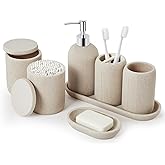 Z ZONAMA Bathroom Accessories Set - 7-Piece Resin Bathroom Set, Toothbrush Holders Set, Soap Dispenser, Qtip Holder Dispenser, Tumbler, Soap Dish & Tray, Modern Bath Decor for Home Dorm Hotel (Beige)