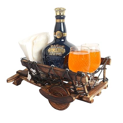 Kesha Spree Wooden Cart Shaped 1 Wine Bottle and 2 Glass Holder Handmade Wooden Cart for Gift Table Item- - Movable and Sturdy - Export Quality