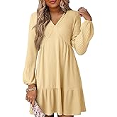 Dokotoo Spring Dresses for Women 2026 Long Sleeve V Neck Lightweight Ribbed Knit Empire Waist Casual A Line Swing Mini Dress