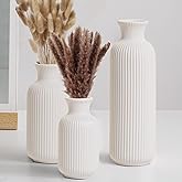 BOXJINCO White Ceramic Vase Set of 3,Modern Vase Ribbed Design,Minimalist Decor Flower Vase for Table,Shelf,Farmhouse Vase for Decor(Vertical Ribbed Vase)