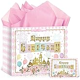 Large Princess Birthday Gift Bag for Girls, Pink Happy Birthday Gift Wrap Bags with Princess Wrapping Paper and Card Castle Flower Floral Butterfly Candy Bag with Handles for Girls Women Party Decor