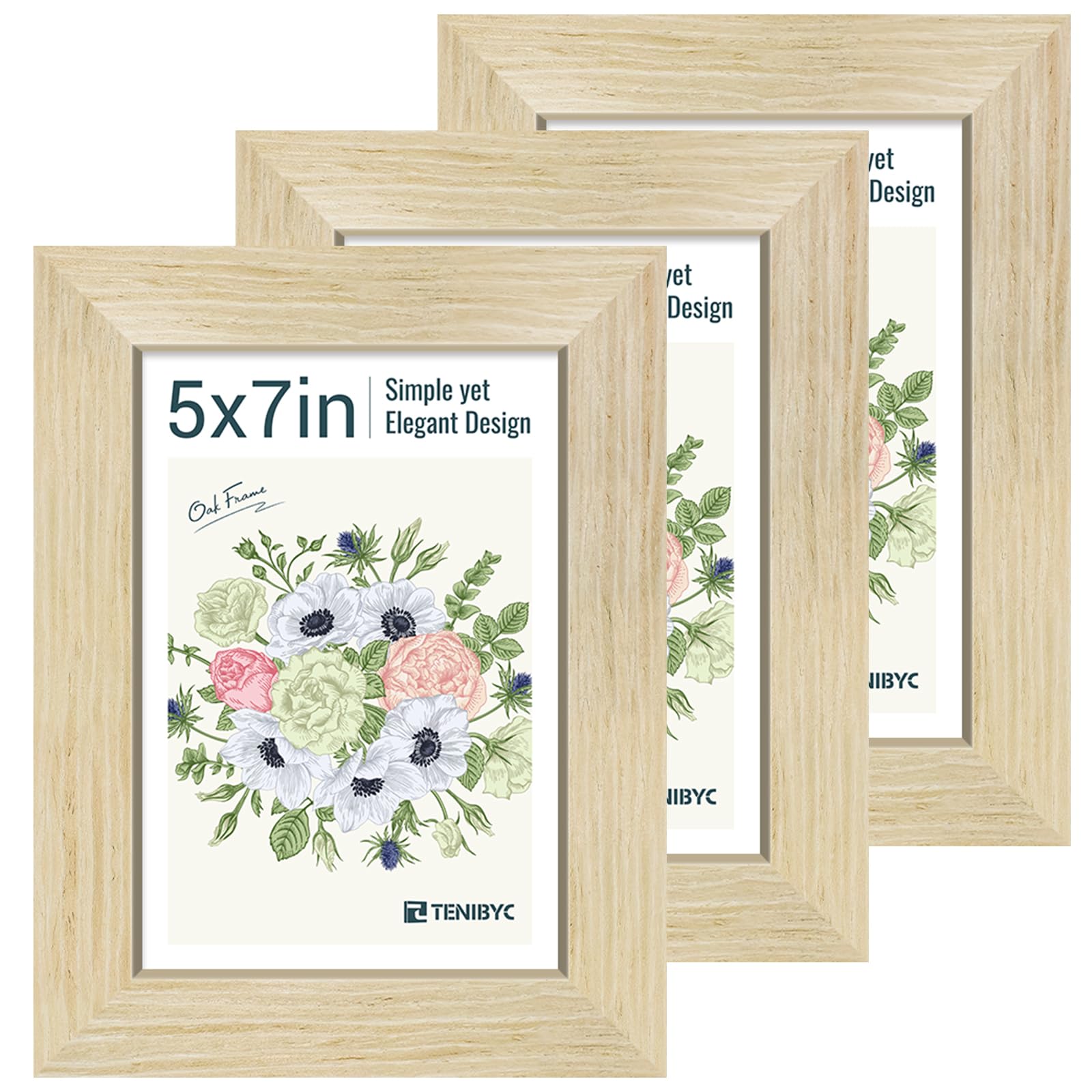Photo 1 of TENIBYC 5x7 Picture Frames Set - 3 Pack - Natural Oak Wood - Tempered Glass - for Wall Photos, Family Memories, Posters & Puzzles, Home Decor