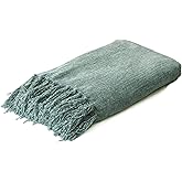 Yoenillo Sage Green Chenille Throw Blanket for Couch Bed,Soft Cozy Throw Blanket with Handmade Fringe, Decorative Blanket for Sofa Chair Living Room for Gift, (Sage Green)