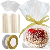 200 Pack Candy Apple Caramel Apple Sticks and Bags,100 Bags,100 Sticks, 50 Yard Gold and Silver Glitter Ribbon Caramel Apple Making kit