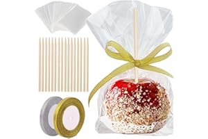 YESTOO 200 Pack Candy Apple Caramel Apple Sticks and Bags,100 Bags,100 Sticks, 50 Yard Gold and Silver Glitter Ribbon Caramel Apple Making kit