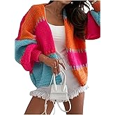 DINGANG Women's Color Block Cardigan Sweater Long Lantern Sleeve Open Front Chunky Knit Sweaters Outerwear