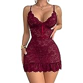 Foxiny Sexy Sheer Mini Bodycon Babydoll Lace Lingerie Set Sleep Dress with Thong 2 Piece Outfits