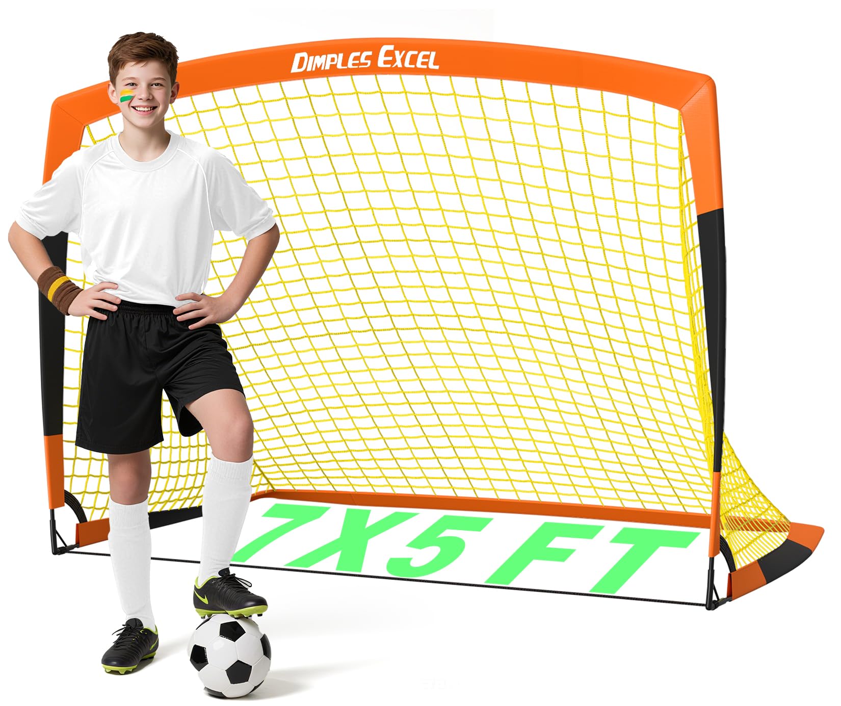 Dimples Excel Pop-Up Football Goal – 7x5FT 1 Goal Black & Orange | Portable & Foldable Garden Net | Great Gift for Football Fans
