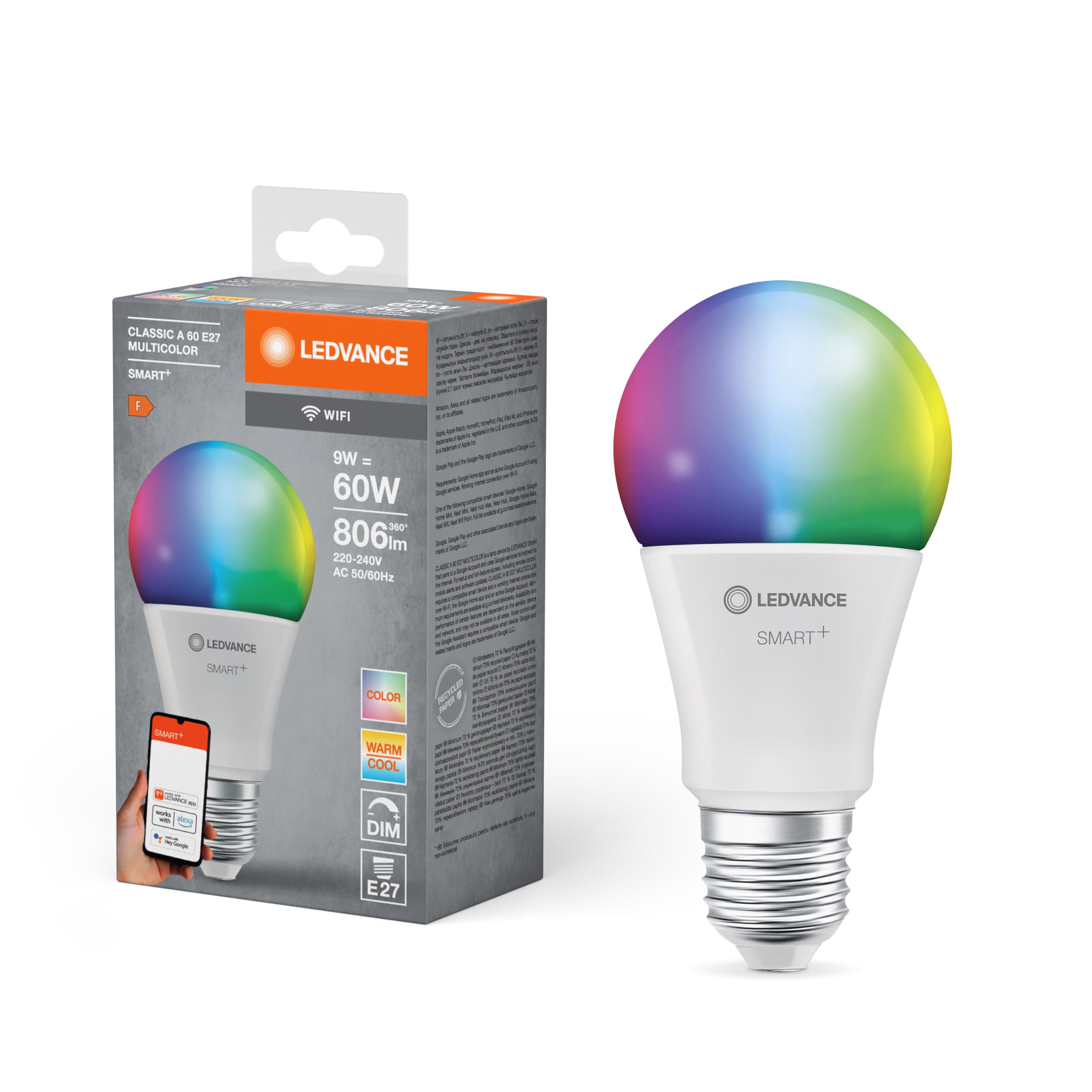 LEDVANCE SMART+ WiFi LED lamp, White Frosted Look, 9W, 806lm, Classic Bulb Shape with E27 Base, Color Light and White Light, app or Voice Control, Life of up to 20,000 Hours