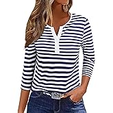 LilyCoco Striped Shirt Women Casual Button V Neck 3/4 Sleeve Tops