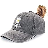 MANMESH HATT Daisy Blessed Ponytail Hats, Embroidered High Messy Bun Baseball Cap for Women