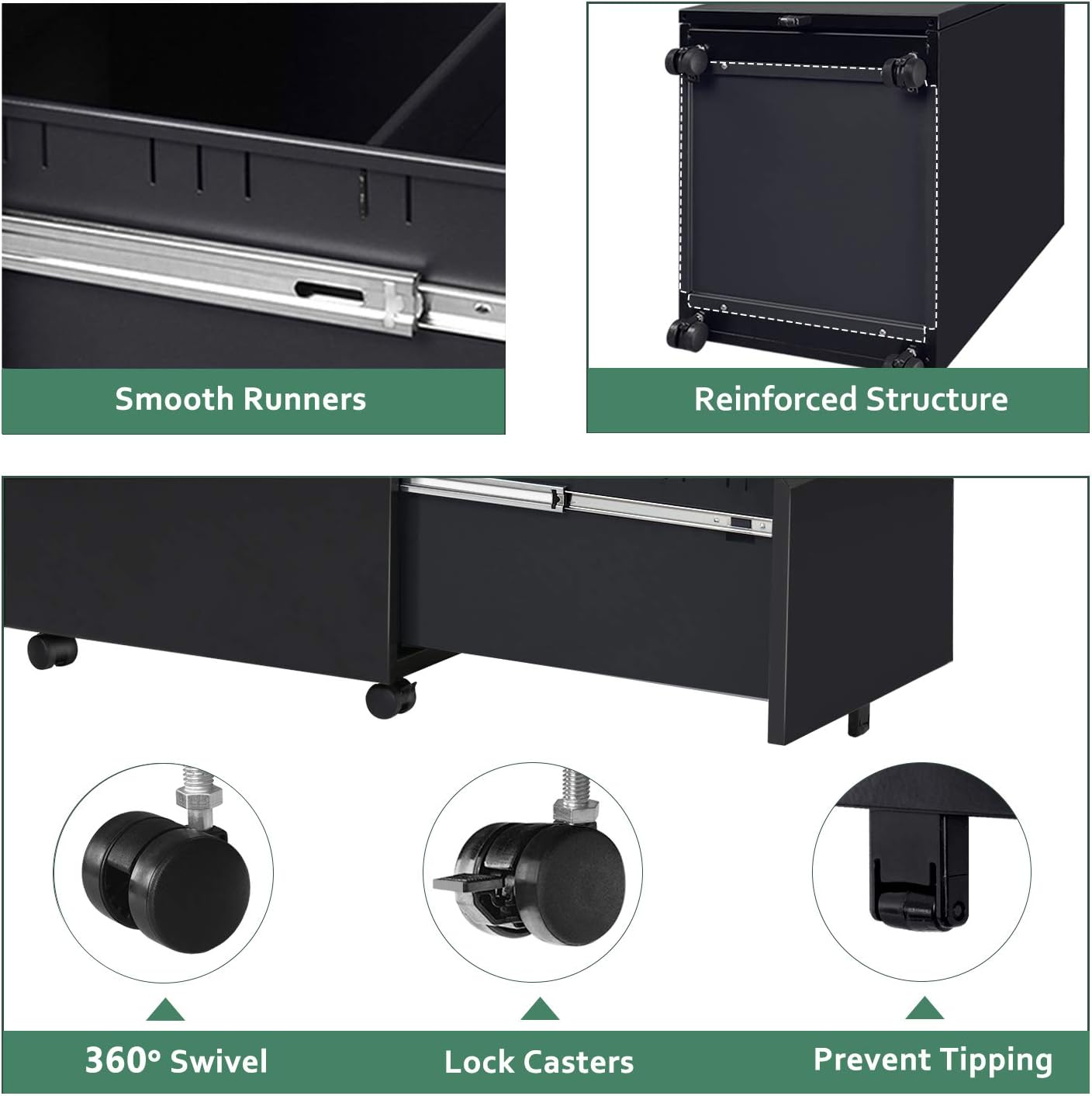 DEVAISE 3 Drawer Mobile File Cabinet with Lock, Under Desk Metal Filing Cabinet for Legal/Letter/A4 File, Fully Assembled Except Wheels, Black : Office Products